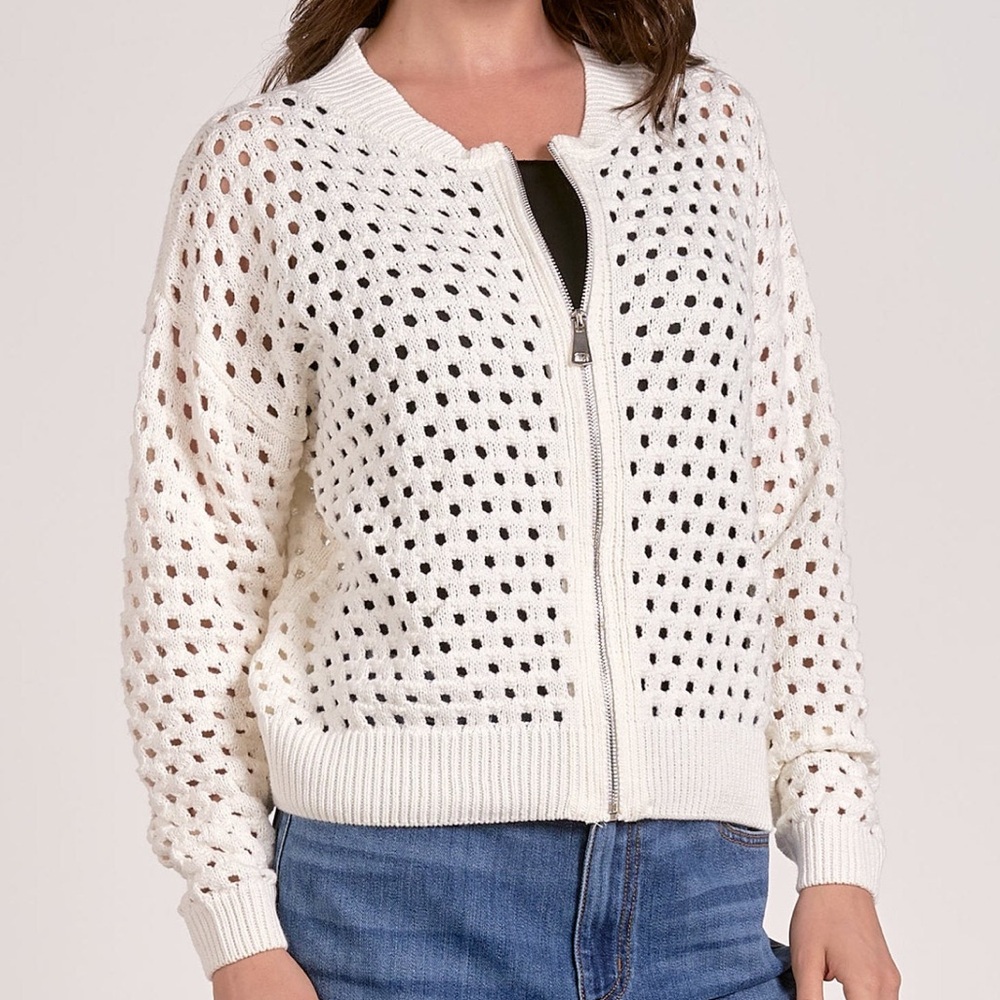 New with tags. Elan sweater. Open knit w front zip. White